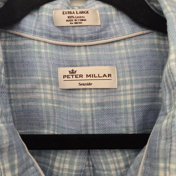 Peter Millar Linen Blue Plaid Shirt - Picture 1 of 6